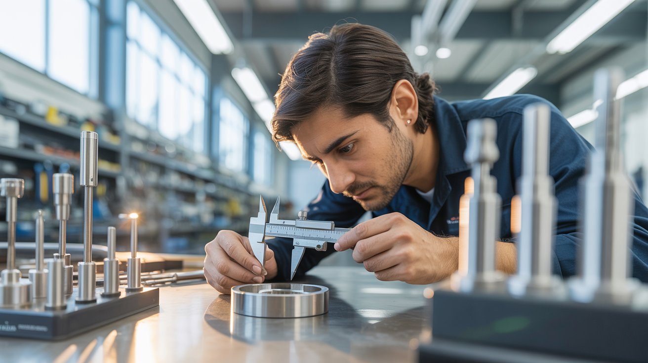 Técnico industrial usando pie de metro para medición de precisión en taller de introducción a la metrología y control de calidad