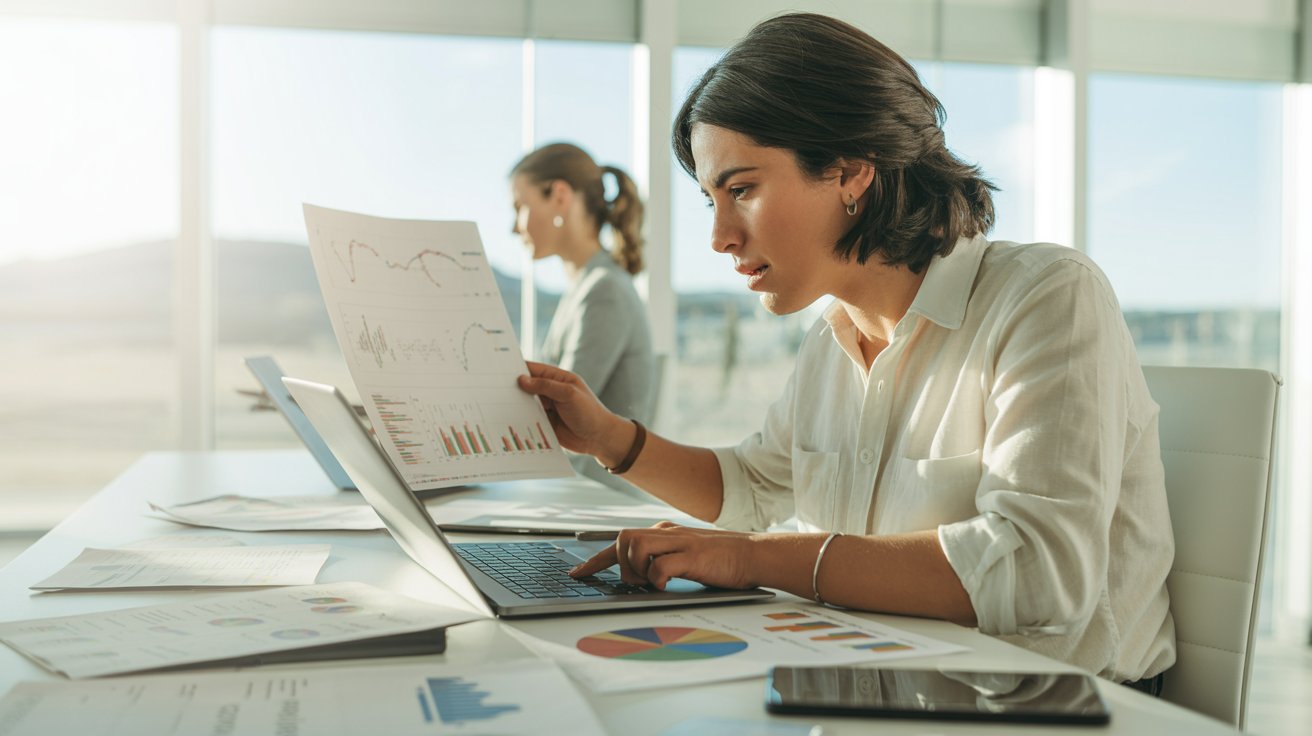 Profesional analizando datos y gráficos en computador para el diseño y evaluación de ciencias de comportamiento para políticas públicas basadas en ciencias del comportamiento.