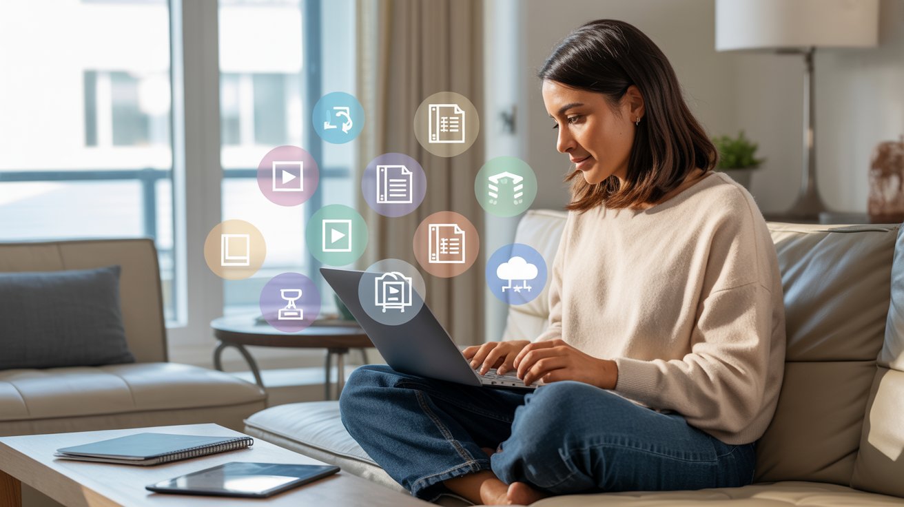 Diseño de contenidos para educación virtual en laptop, mujer creando recursos digitales y actividades de e-learning desde su hogar.