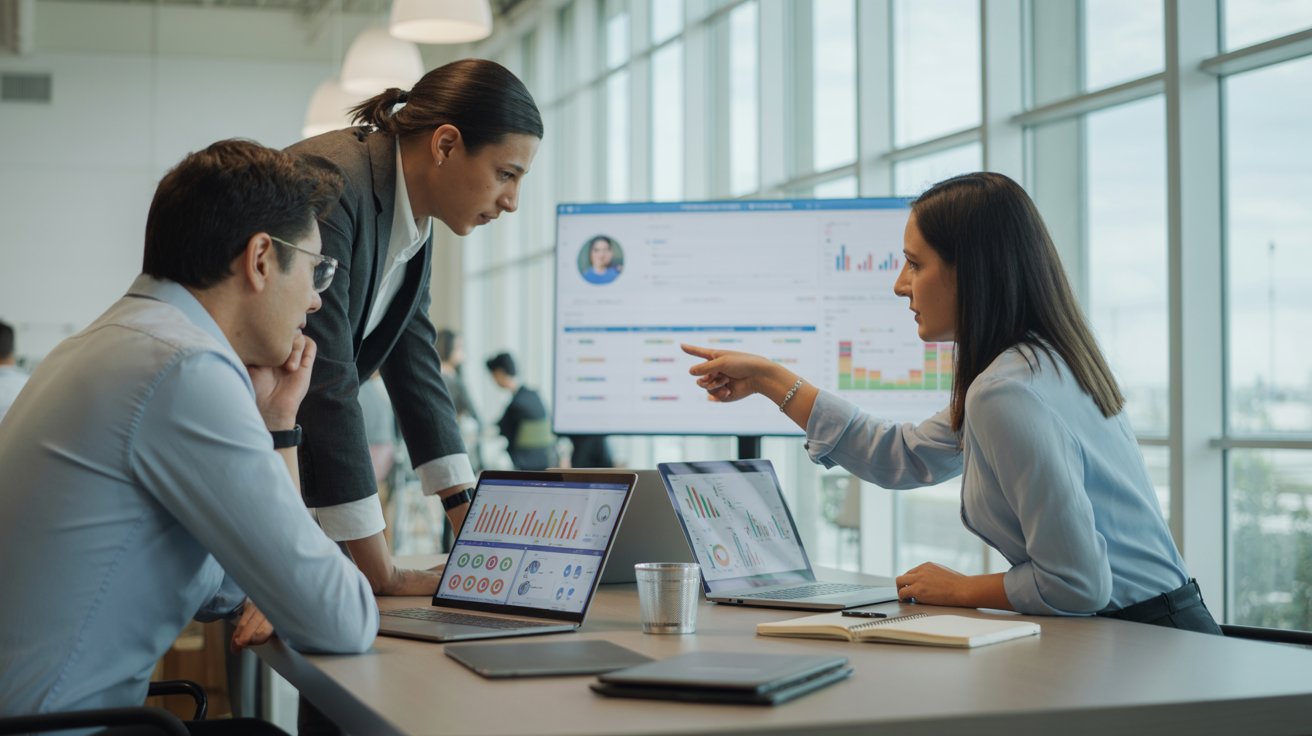 People Analytics en RR.HH.: equipo analizando datos de talento y métricas de gestión de personas mediante dashboards para apoyar decisiones estratégicas en la organización.