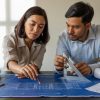 Profesionales revisando planos de construcción con herramientas de medición en interpretación de planos arquitectónicos.