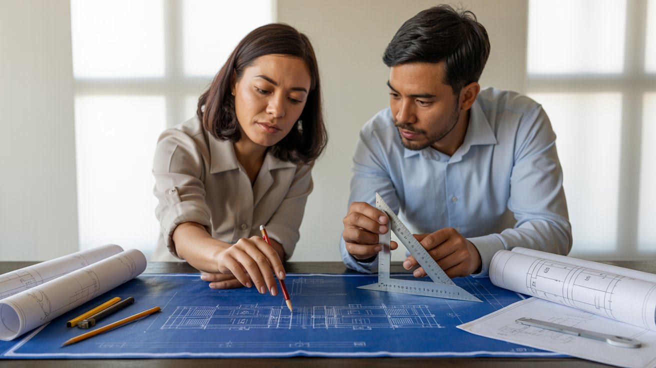 Profesionales revisando planos de construcción con herramientas de medición en interpretación de planos arquitectónicos.
