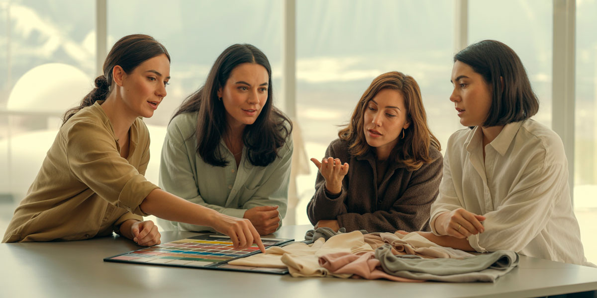 Personas chilenas aprendiendo sobre estilo personal y morfología corporal en un espacio luminoso, analizando prendas, colores y formas para descubrir su propio estilo.