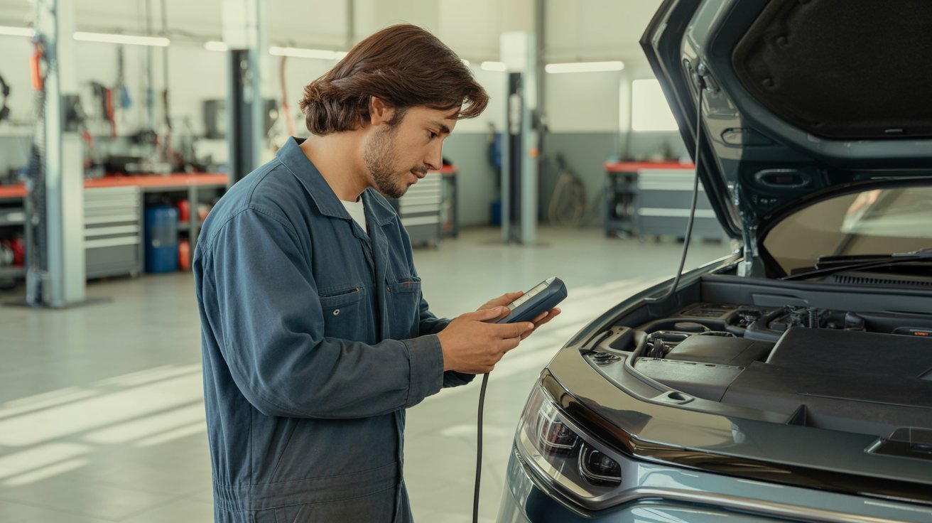 Electromovilidad: técnico automotriz usando equipo de diagnóstico en vehículo eléctrico.