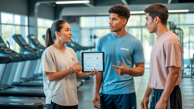 Nutricionista deportiva chilena enseña nutrición para actividad física en gimnasio, con hidratación, suplementos genéricos sin texto y evaluación antropométrica.