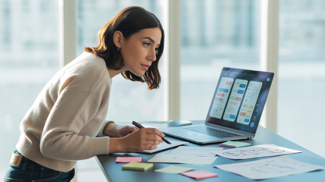 Mujer diseñadora trabajando en service design y UX analizando un customer journey y prototipos de experiencia de usuario en computador portátil.