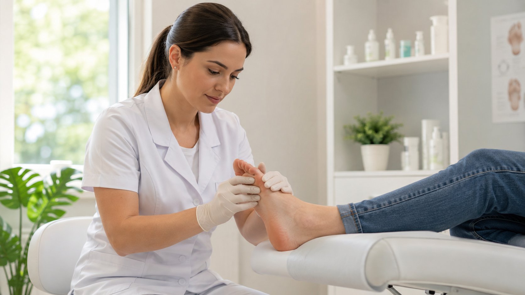 Profesional de la salud evaluando la piel de un pie para identificar las principales lesiones cutáneas y alteraciones dermatológicas en la extremidad inferior durante una atención podológica.