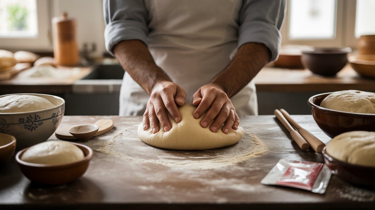 Elaboración de pan amasado con técnicas de panificación básica en cocina iluminada