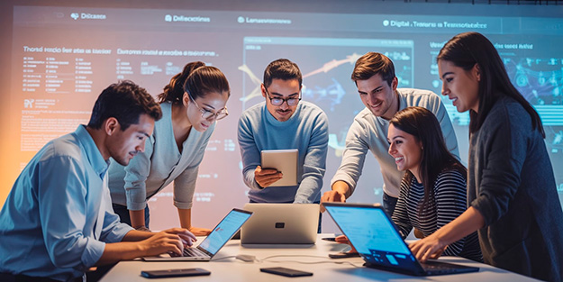 Profesionales chilenos colaborando en un entorno digital moderno, con pantallas de datos y tecnología avanzada, representando la transformación digital