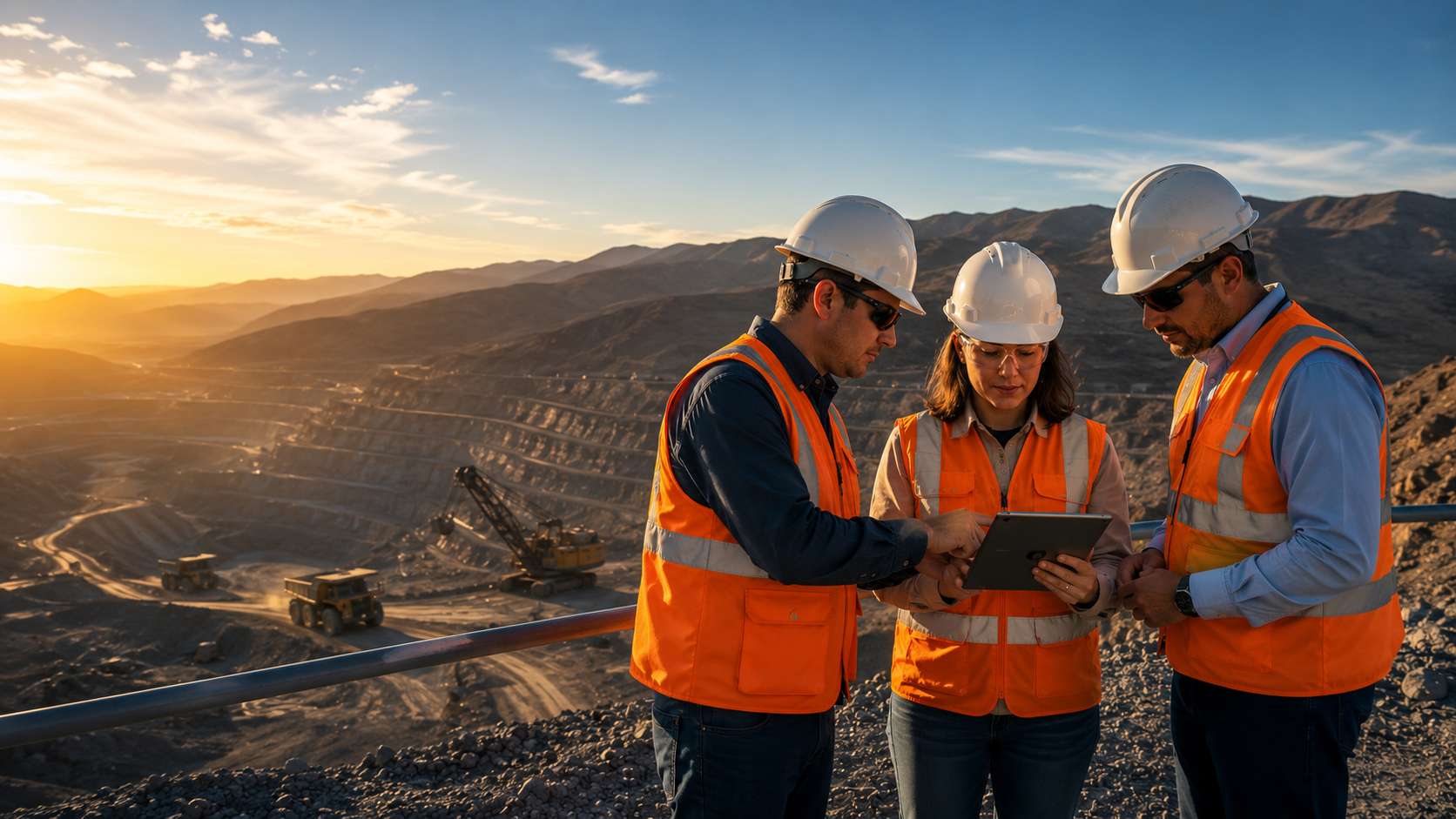 Equipo de profesionales mineros revisando información contractual y operacional en una faena minera a cielo abierto, utilizando herramientas digitales para la gestión y administración de contratos en minería.
