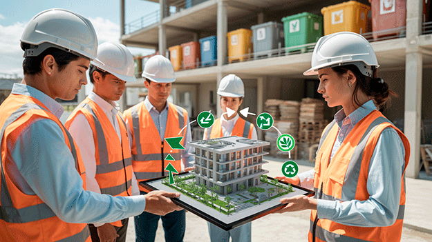 Profesionales de la construcción en Chile analizando estrategias de economía circular y gestión de residuos RCD en una obra sustentable.