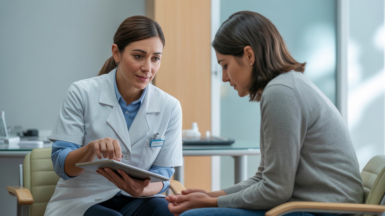 Profesional de la salud orientando a paciente sobre tratamiento para mejorar la adherencia terapéutica en consulta clínica.