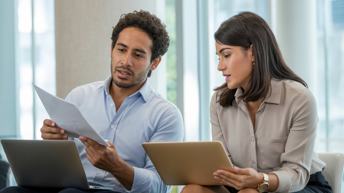 Profesionales analizando documentos y tablet en reunión de trabajo para gestión del cambio organizacional.
