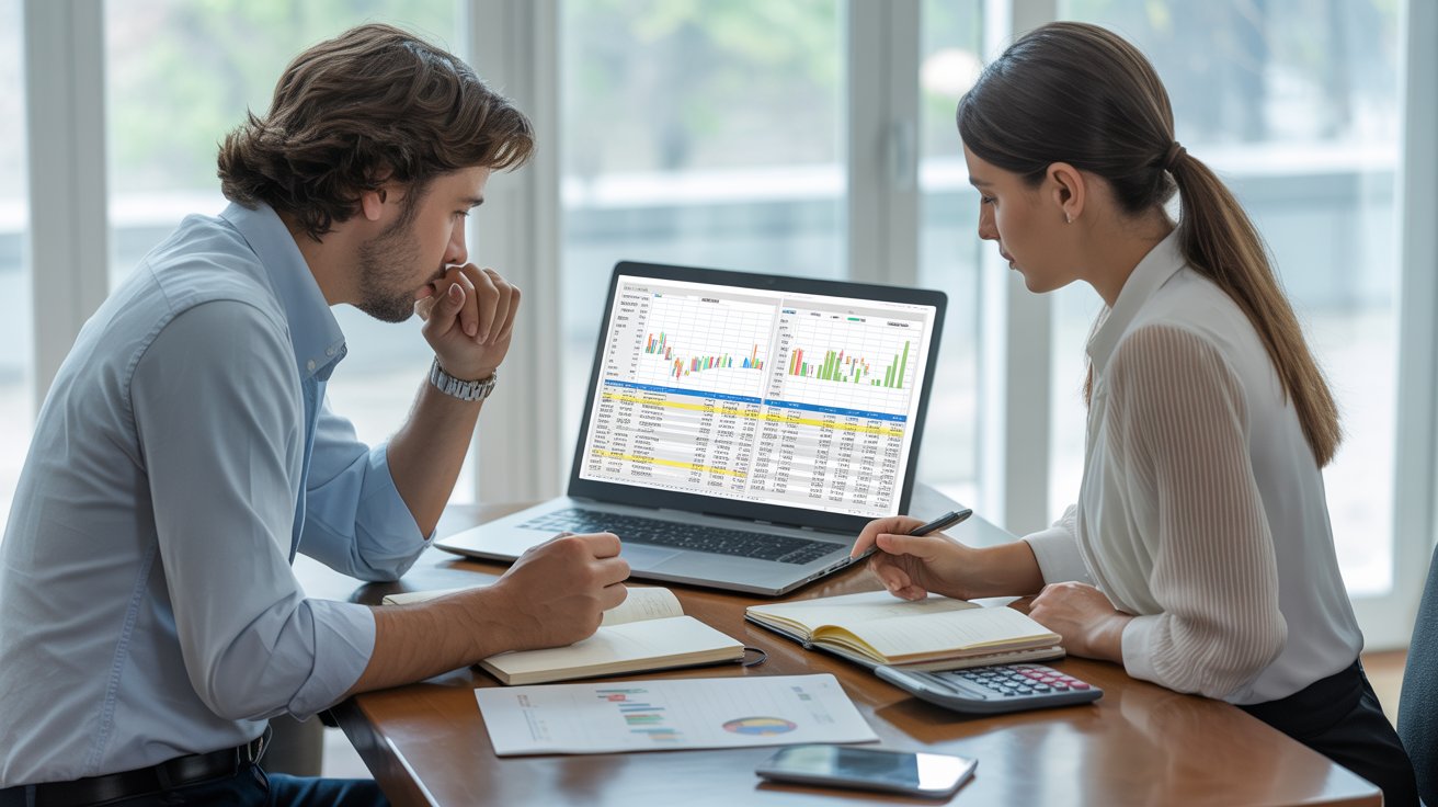 Profesionales analizando datos financieros en laptop durante proceso de elaboración de presupuestos y planificación financiera.