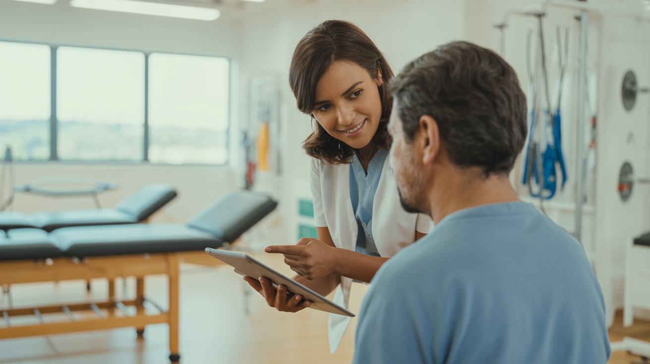 Profesional de rehabilitación explica tratamiento a paciente utilizando una tablet en centro de rehabilitación, representando estrategias de fidelización de usuarios y mejora de la experiencia del paciente.