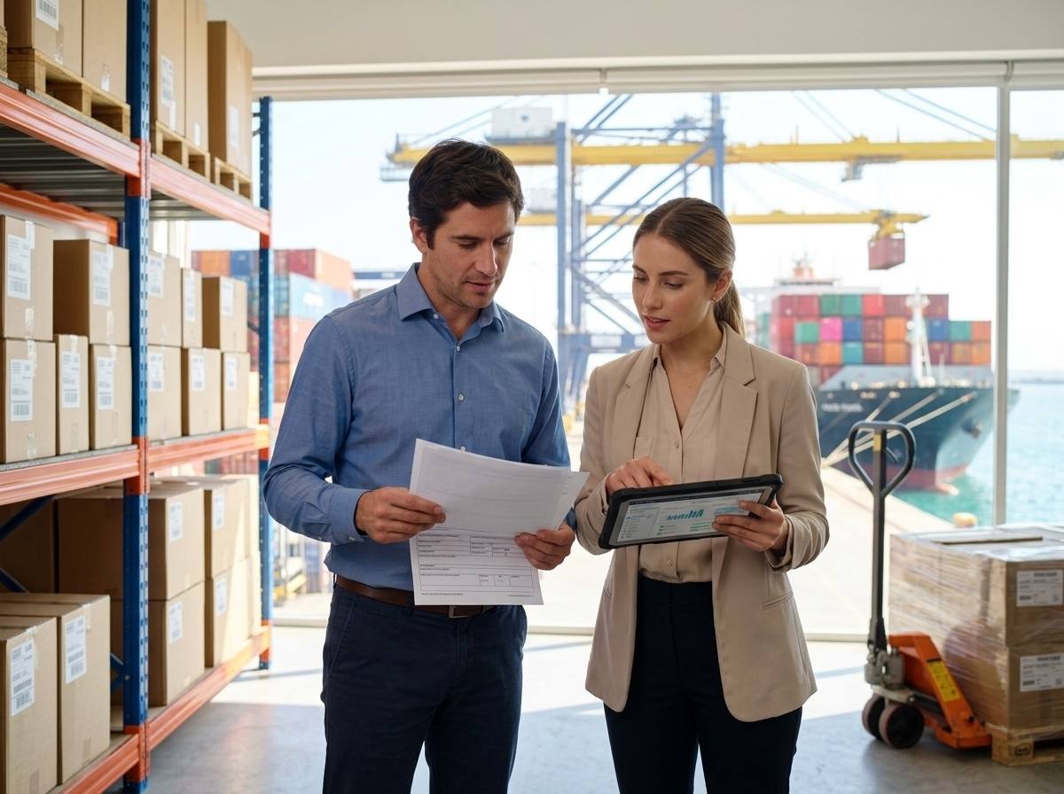 Profesionales chilenos revisando documentos y datos logísticos en un centro de distribución portuario relacionado con comercio exterior e importaciones.