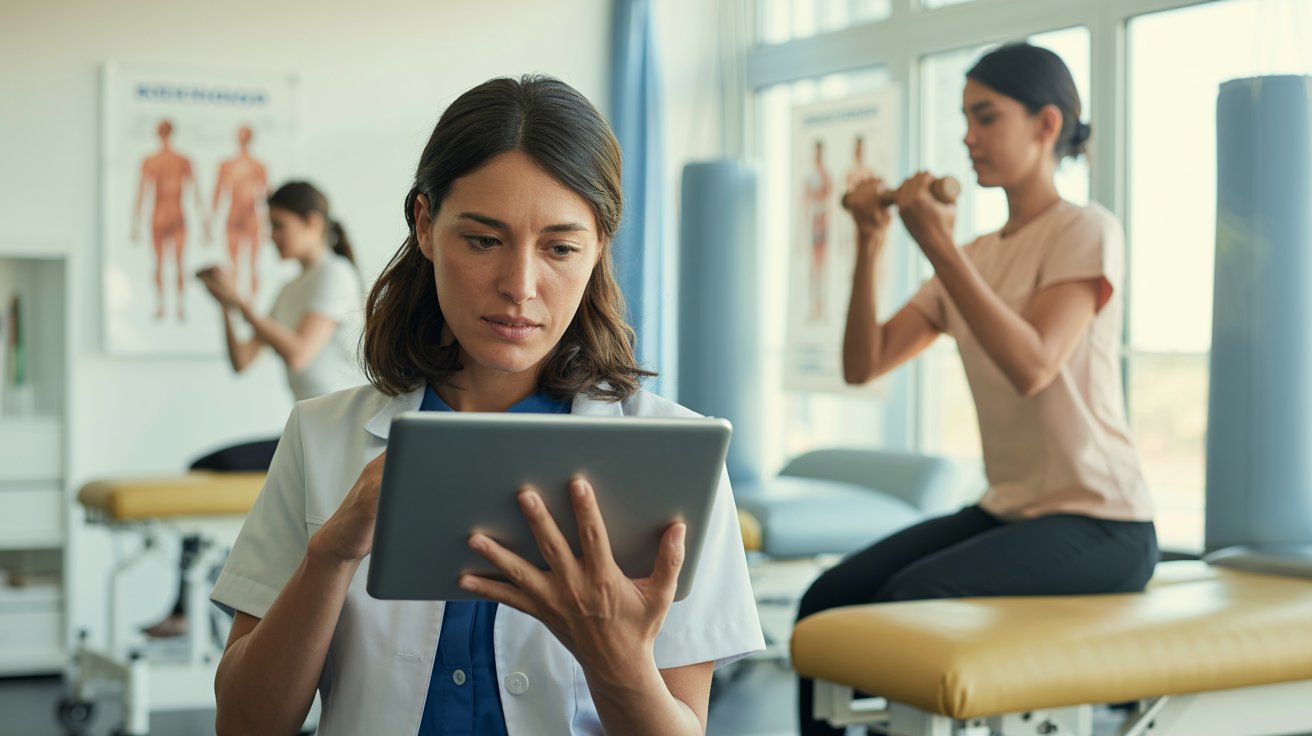 Profesional de la salud revisando evidencia científica en tablet mientras supervisa ejercicios de neurorehabilitación en un centro clínico.
