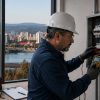 Instalador eléctrico Clase D realizando medición de voltaje en tablero eléctrico con multímetro, en edificio con vista a la ciudad de Concepción, Chile.