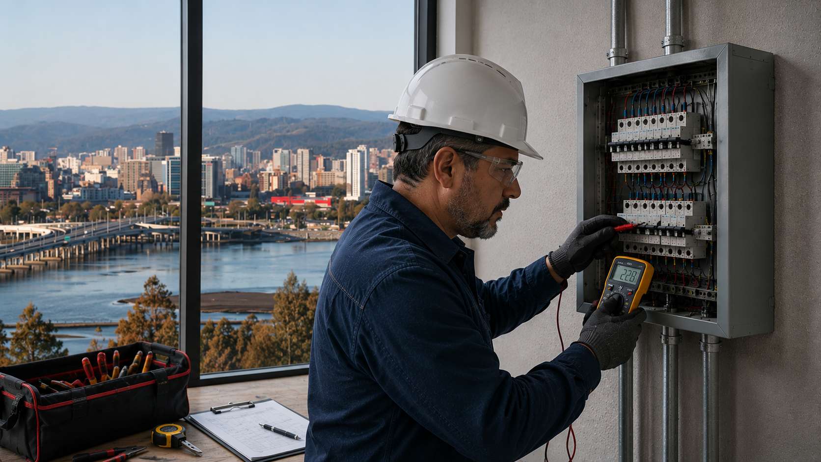 Instalador eléctrico Clase D realizando medición de voltaje en tablero eléctrico con multímetro, en edificio con vista a la ciudad de Concepción, Chile.