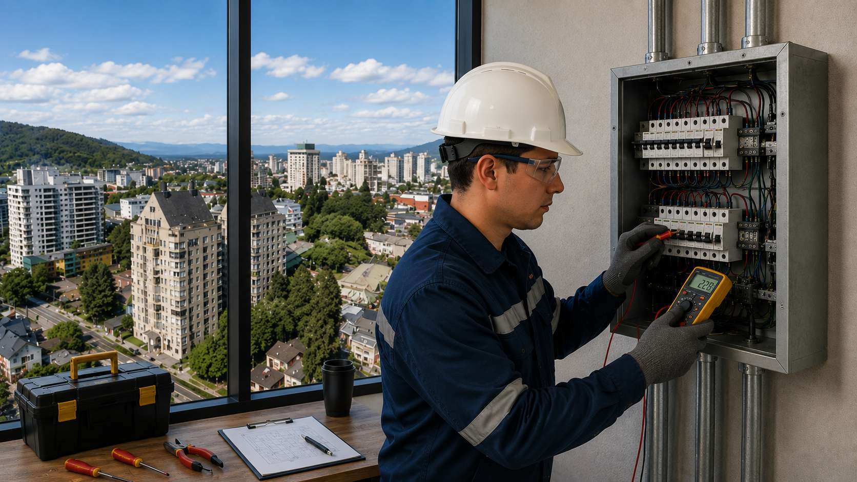 Instalador eléctrico Clase D realizando mediciones con multímetro en tablero eléctrico de baja tensión, utilizando elementos de protección personal, con vista panorámica de la ciudad de Temuco, Chile.