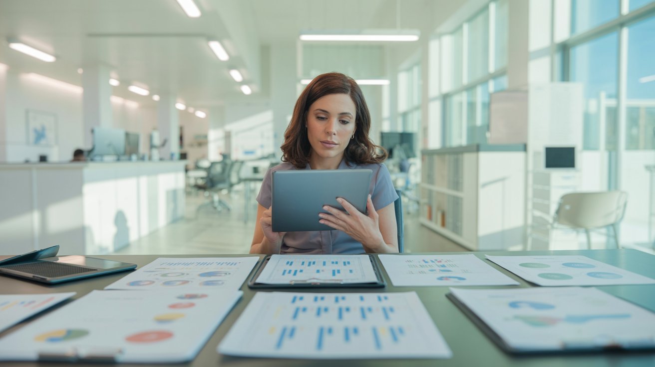 Profesional de salud analizando indicadores y reportes de gestión para la mejora de la calidad sanitaria en una organización de salud.