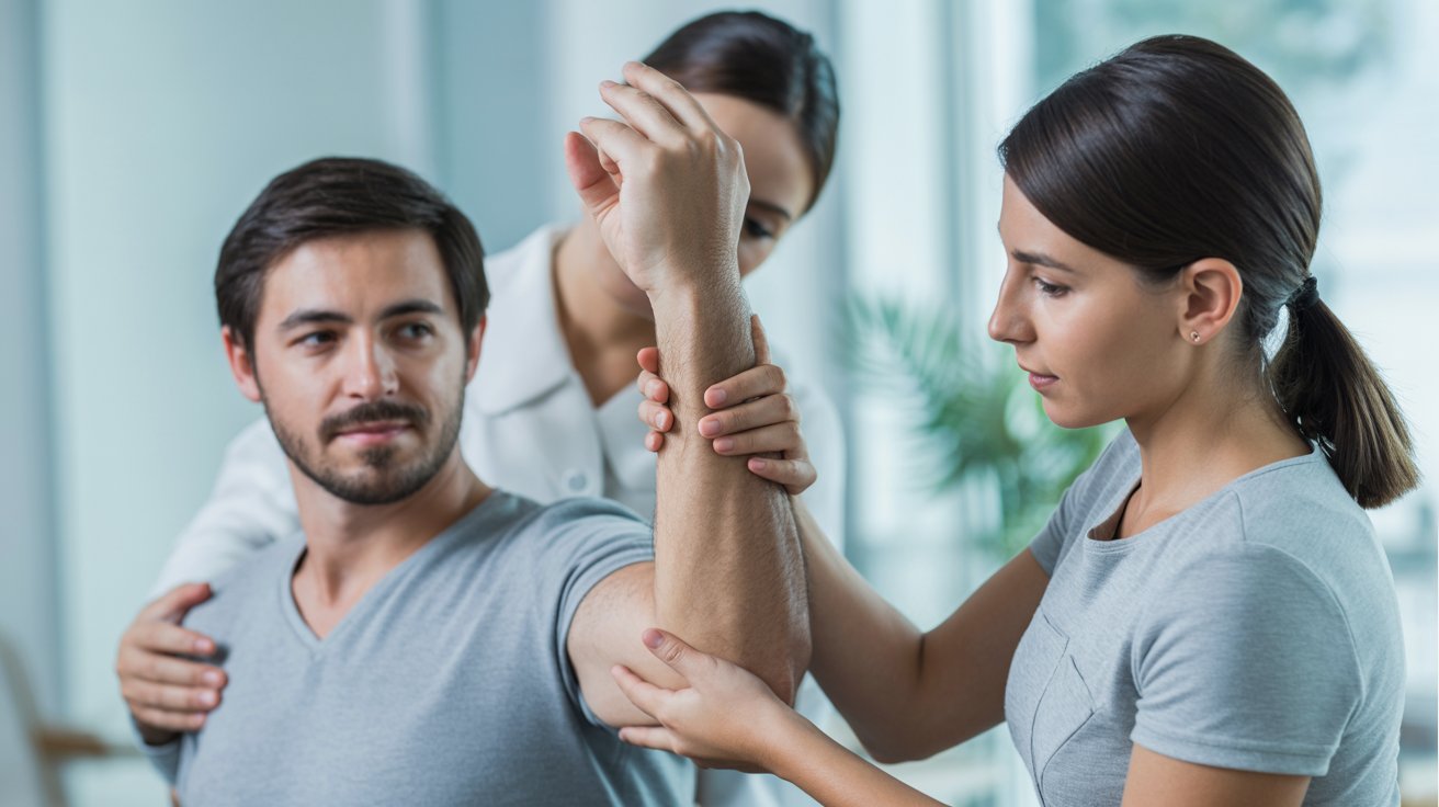 Evaluación clínica de alteraciones neuromotoras en la extremidad superior de un paciente con daño neurológico durante sesión de rehabilitación.