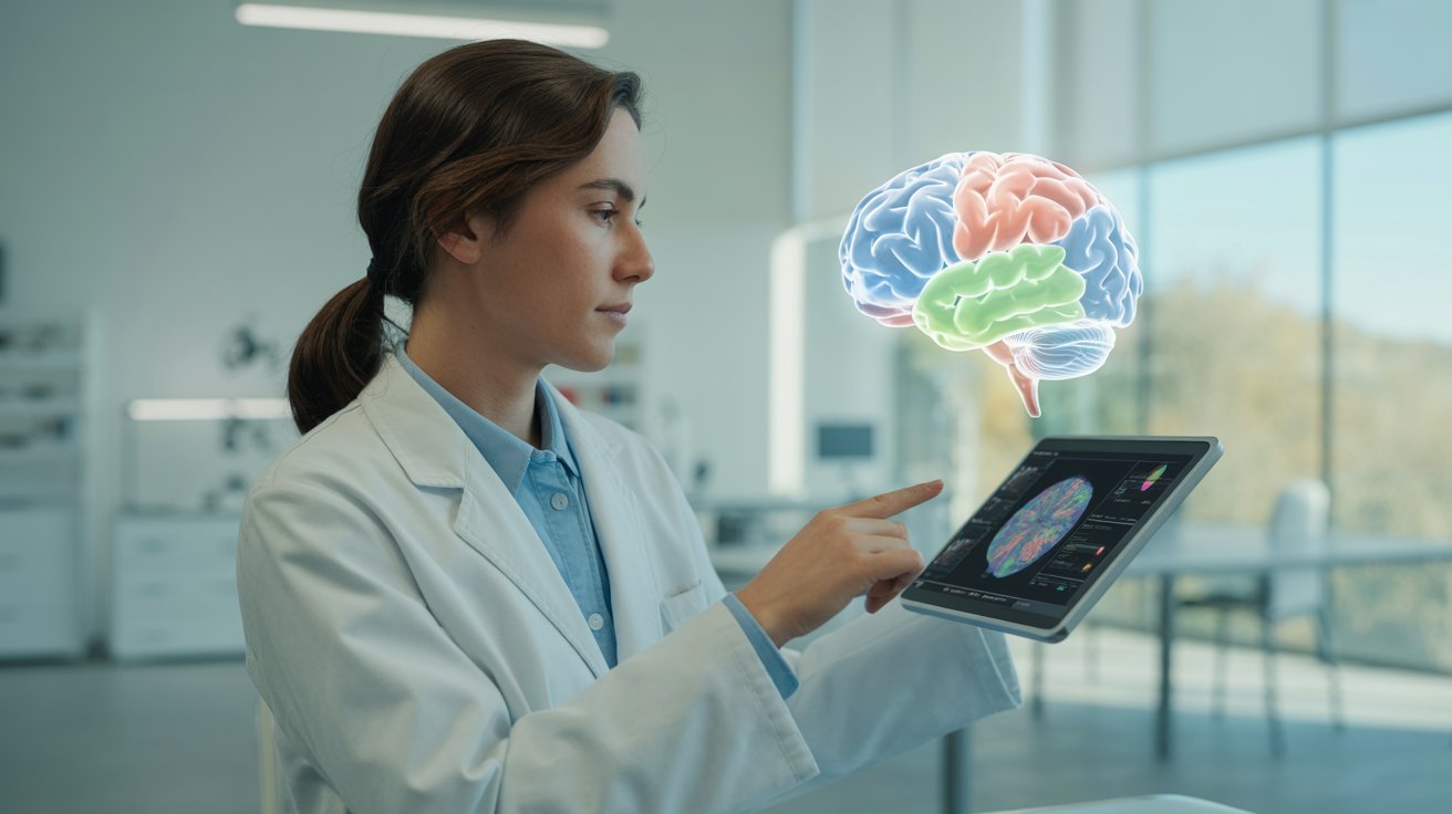Profesional de la salud analiza visualización digital del cerebro para comprender la neurociencia del lenguaje y los procesos neurológicos asociados al lenguaje humano.