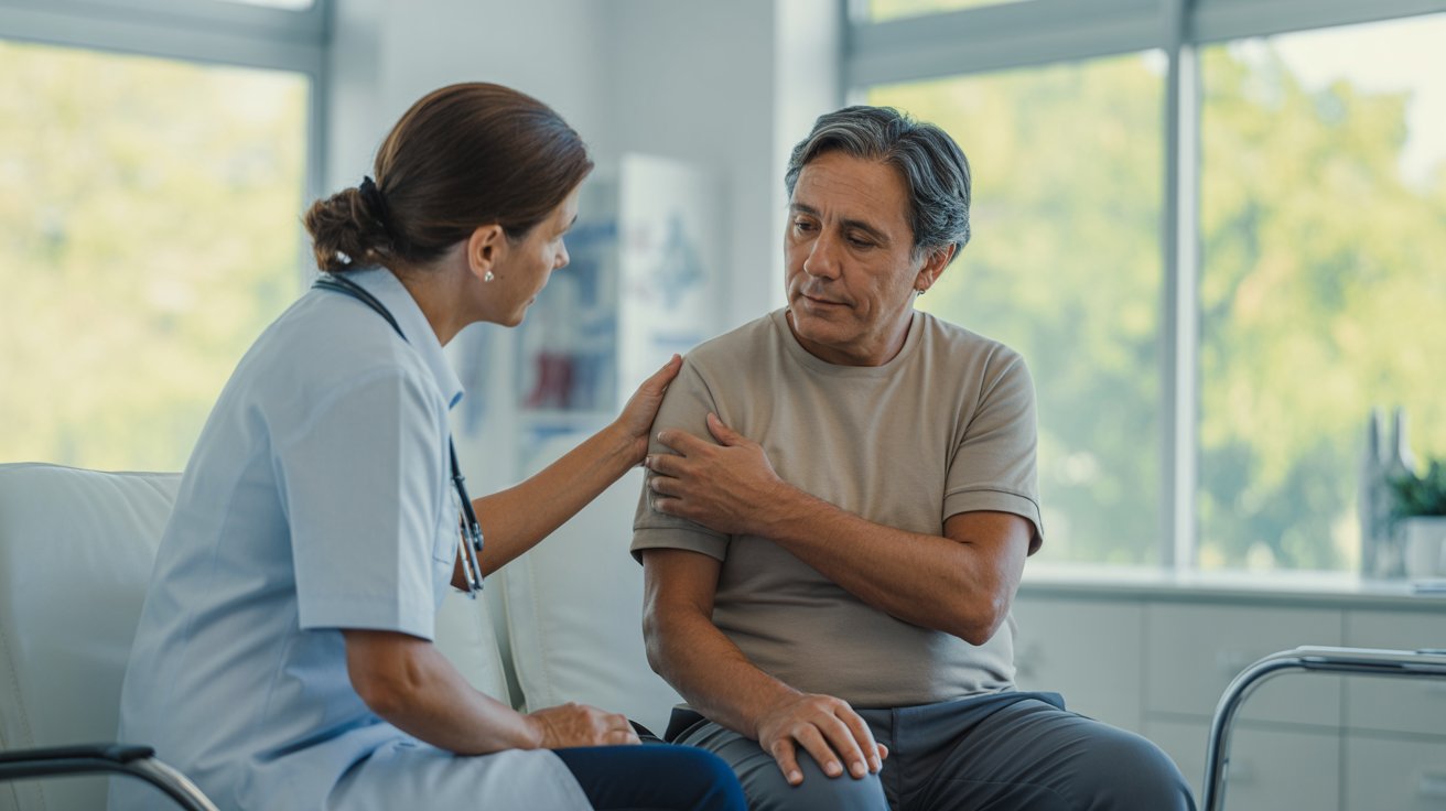 Profesional de la salud evaluando dolor en el hombro de un adulto mayor durante una consulta clínica, en el contexto de la valoración de síndromes geriátricos.