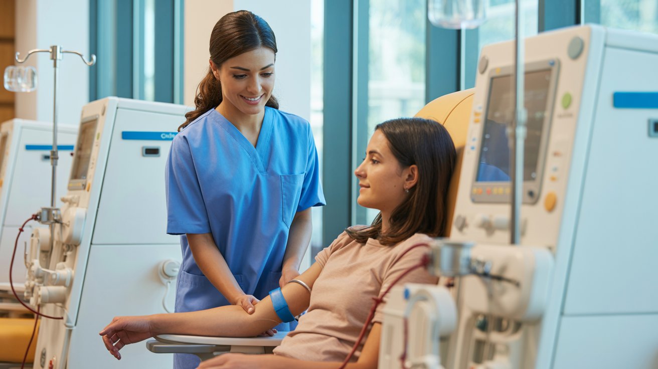 TENS entrega atención clínica a paciente durante procedimiento de diálisis en centro de salud, como parte de formación en cuidado renal.