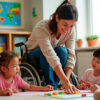 Maestra en silla de ruedas guiando a niños pequeños en actividad manual en aula inclusiva, promoviendo creatividad, aprendizaje significativo y diversidad neuroeducativa.