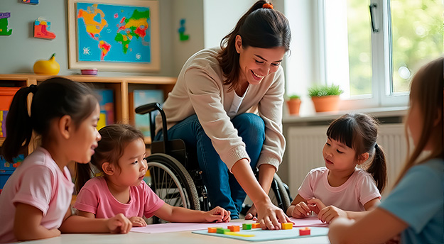 Maestra en silla de ruedas guiando a niños pequeños en actividad manual en aula inclusiva, promoviendo creatividad, aprendizaje significativo y diversidad neuroeducativa.