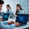 Estudiantes universitarios chilenos trabajando en criptografía y seguridad digital con computadores, algoritmos, cadenas de bloques y candados digitales.