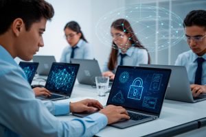 Estudiantes universitarios chilenos trabajando en criptografía y seguridad digital con computadores, algoritmos, cadenas de bloques y candados digitales.