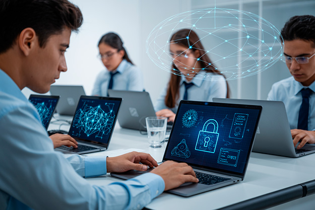 Estudiantes universitarios chilenos trabajando en criptografía y seguridad digital con computadores, algoritmos, cadenas de bloques y candados digitales.