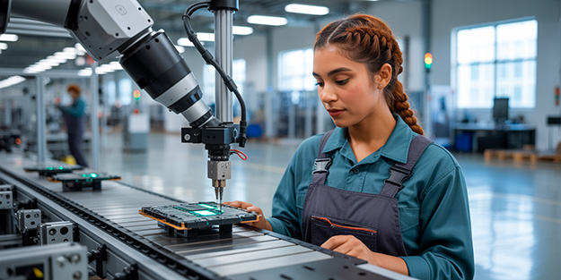Profesionales chilenos trabajando en una fábrica inteligente, aplicando tecnologías de la Transformación Digital en la Industria, como IoT, automatización y sistemas ciberfísicos.