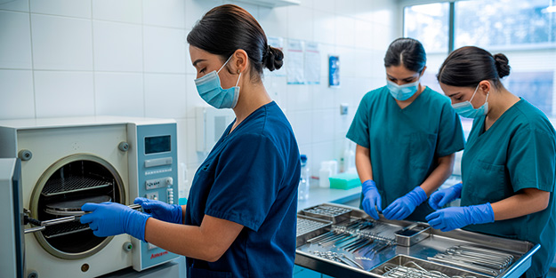 Profesionales chilenos de la salud operando autoclave y aplicando protocolos de prevención de infecciones en entorno clínico.