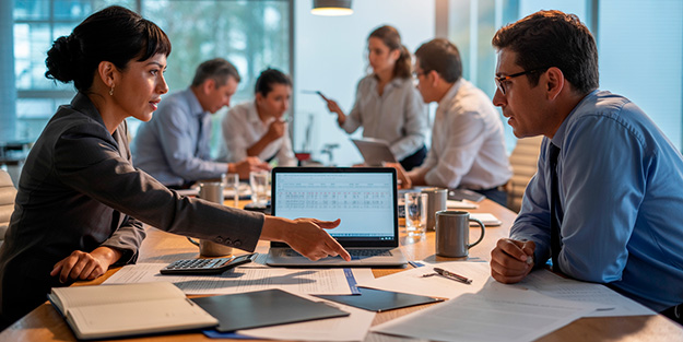 Profesionales chilenos en oficina revisando información contable sobre IFRS y Reforma Tributaria en equipo en una oficina moderna.