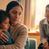 Mujer chilena abrazando a su hijo en casa mientras una profesional del área social observa con empatía, representando intervención en violencia intrafamiliar.