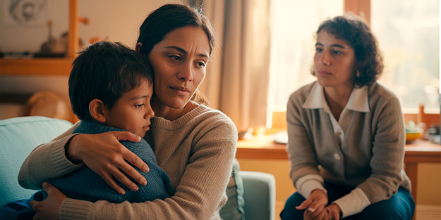 Mujer chilena abrazando a su hijo en casa mientras una profesional del área social observa con empatía, representando intervención en violencia intrafamiliar.