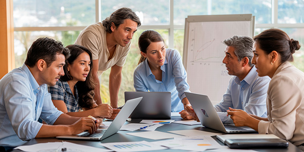 Grupo de profesionales chilenos analizando datos económicos y políticas públicas en un entorno colaborativo y luminoso, representando el gasto fiscal en Chile.
