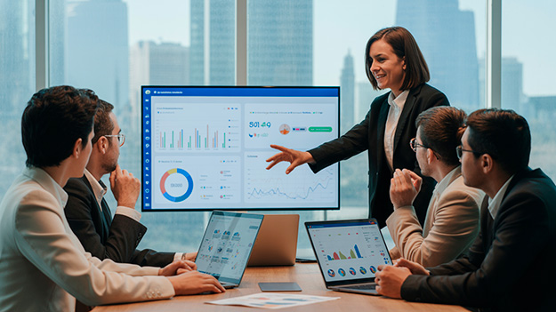 Grupo de profesionales chilenos trabajando en inteligencia de negocios y análisis de datos, utilizando Power BI, SQL y minería de datos en oficina moderna.