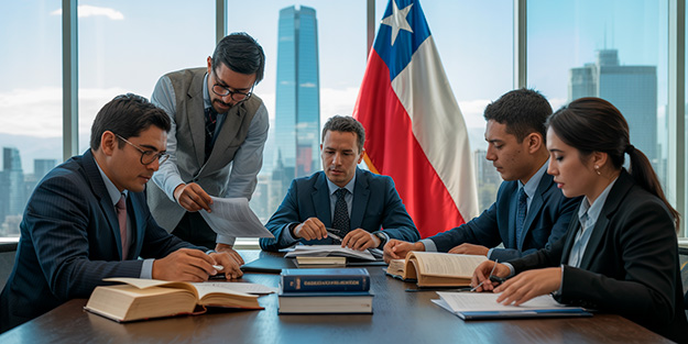 Profesionales chilenos en capacitación de Derecho Empresarial revisando contratos y normativa jurídica en oficina moderna con vista a Santiago.