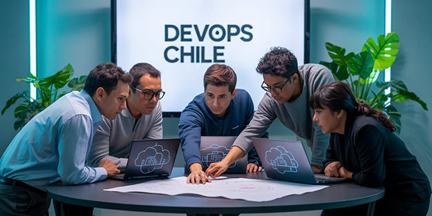 Equipo de profesionales chilenos en curso de Arquitectura DevOps, trabajando en laptops con diagramas de cloud, integración continua y despliegue ágil.