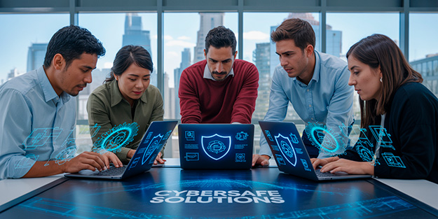 Grupo de profesionales chilenos aprendiendo ciberseguridad y uso de IA en un entorno digital moderno.