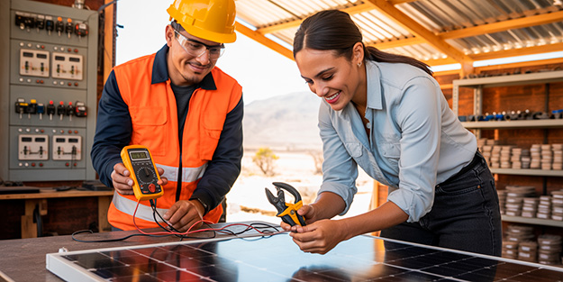 4. Técnicos chilenos trabajando con tableros eléctricos y paneles solares en un entorno iluminado, representando curso online de certificación SEC Clase D y energía solar.