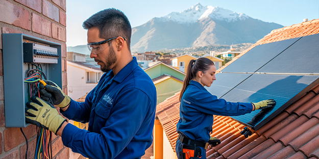 Instalador eléctrico clase d e instaladora de paneles fotovoltaicos chilenos realizando labores de instalación de paneles solares y tableros eléctricos en un barrio urbano con montañas de fondo.