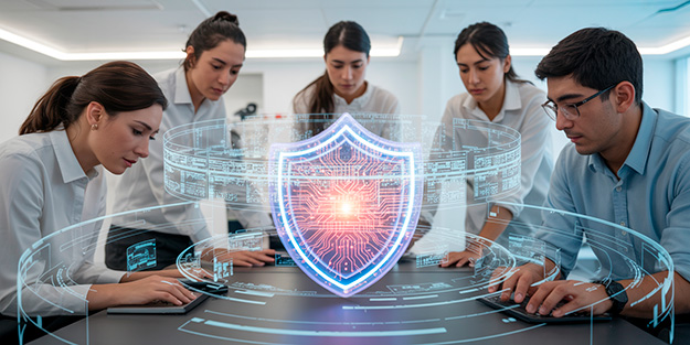Profesionales chilenos aplicando inteligencia artificial en ciberseguridad para prevenir fraudes y ciberataques en entornos organizacionales.