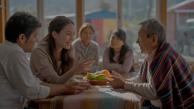 Familia chilena con apoyo profesional en intervención sociofamiliar y mediación.
