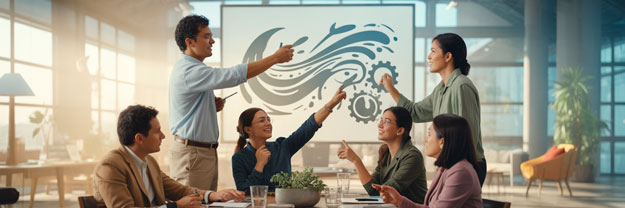 Equipo de trabajo colaborando en una reunión sobre estrategias de cambio organizacional e innovación empresarial.