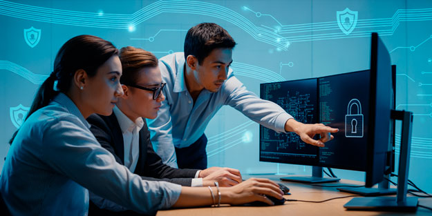 Estudiantes aprendiendo redes y seguridad informática con énfasis en ciberseguridad y protección de datos.